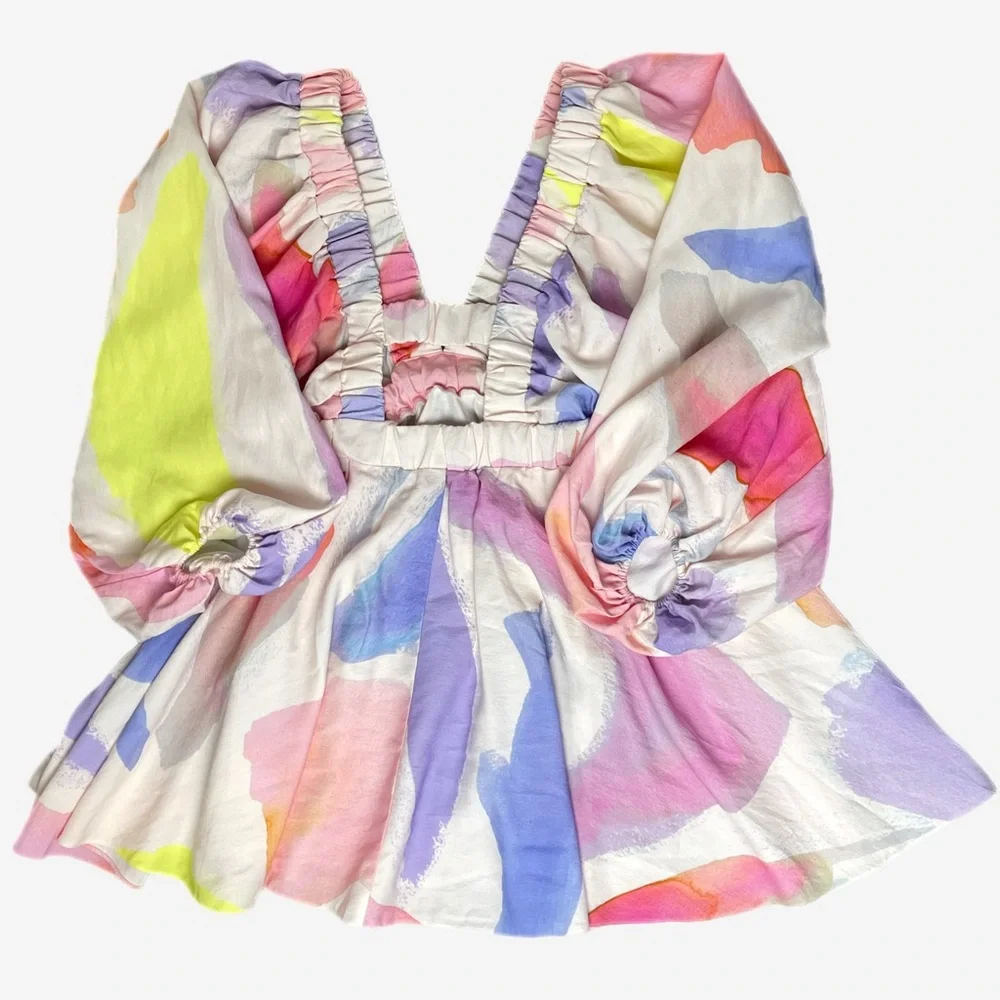 ASOS Structured batwing balloon sleeve mini dress watercolor abstract print 4 - Picture 8 of 10